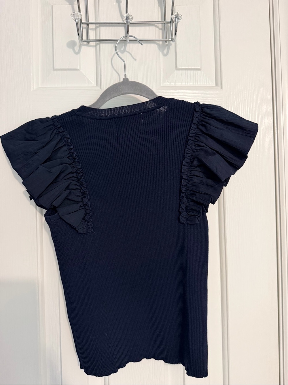 INDUSTRY Navy Ruffle Sleeve Ribbed Knit Top - Picture 2 of 3
